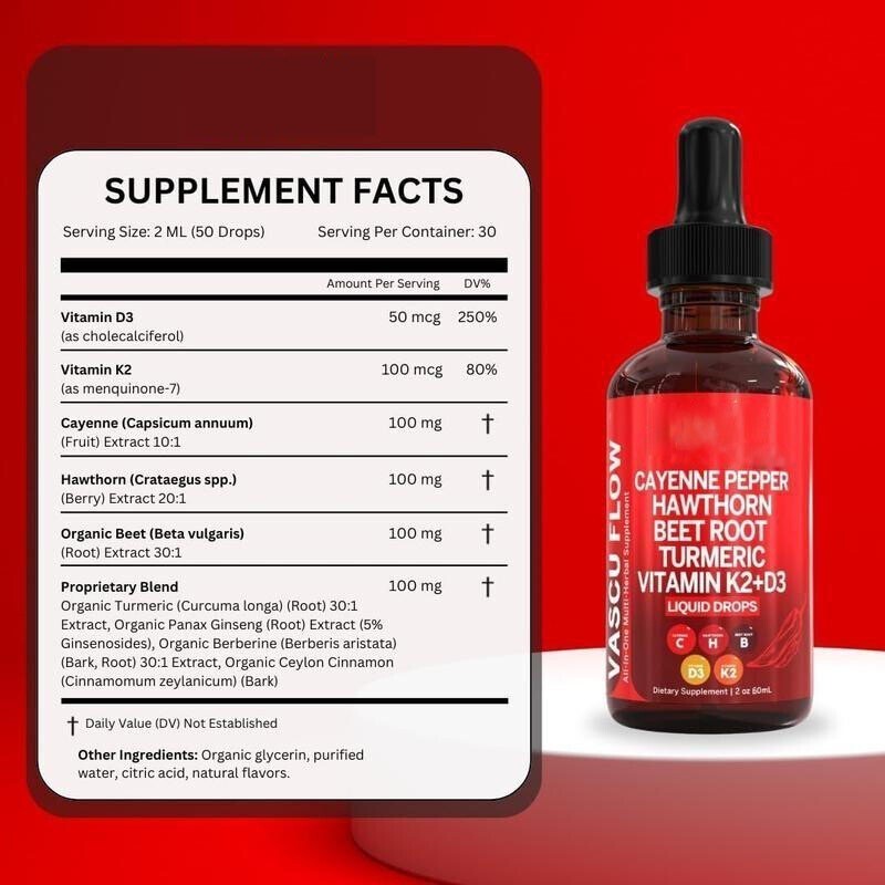 3PACK Nutra Vascu Flow Cayenne Pepper Liquid Drops Hawthorn Root Vitamin – 60ML+