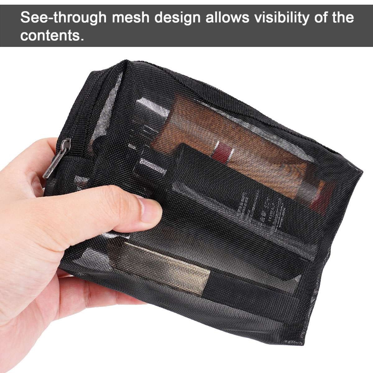 3×Cosmetic Bag Zipper Mesh Travel Black Toiletry Makeup Organizer Bag Case Pouch