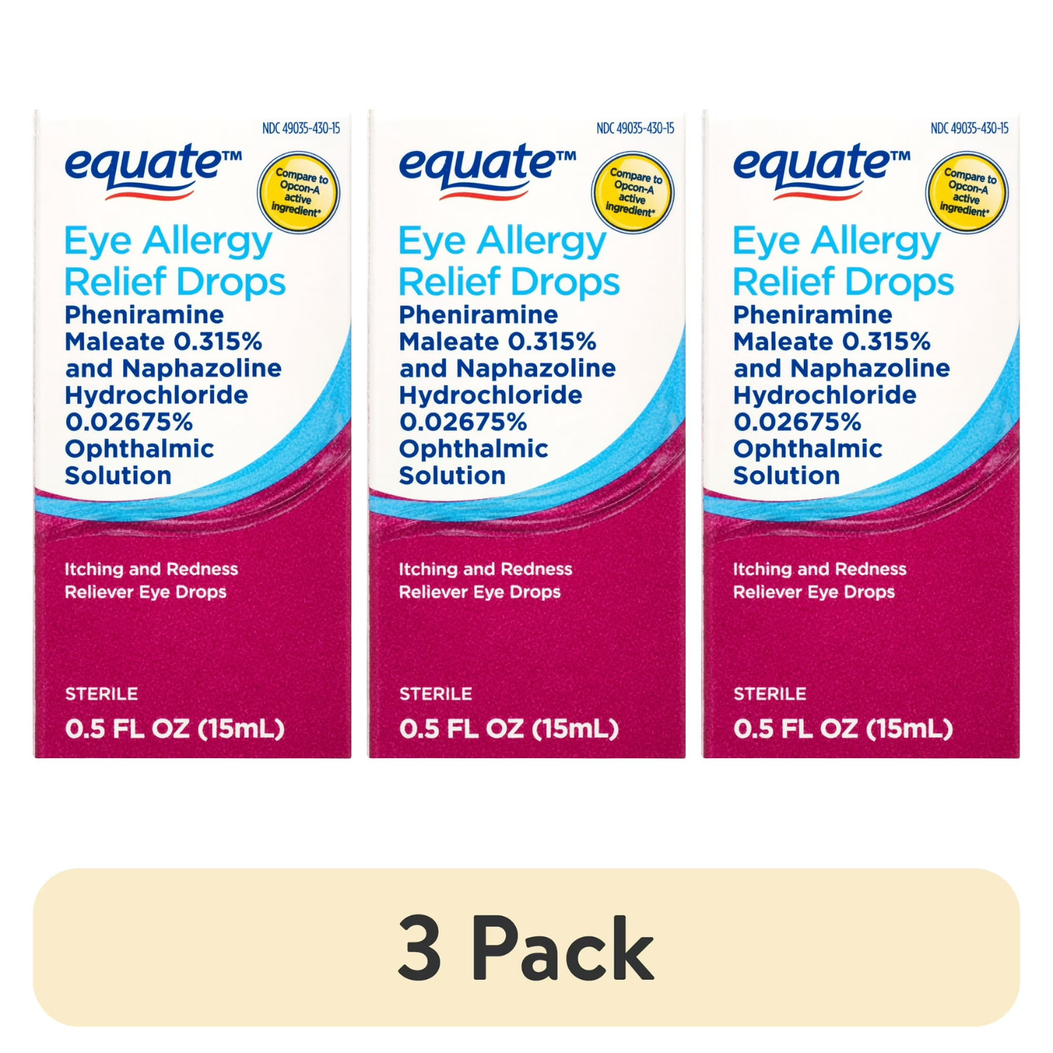 3Pack Equate Eye Allergy Relief Antihistamine&Redness Reliever Eye Drops, 0.5 oz
