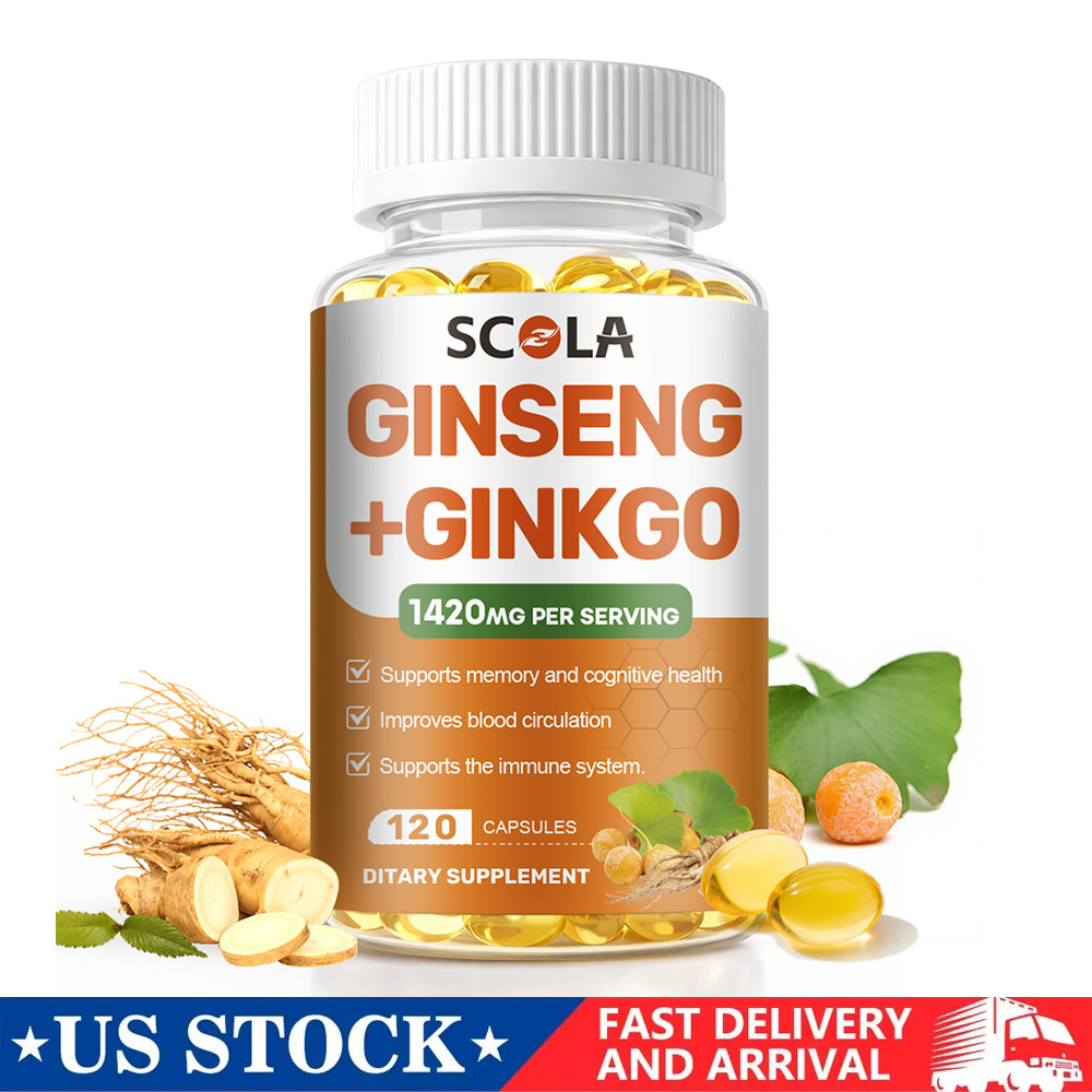 Ginkgo Biloba + Red Panax Ginseng Extract 2 IN 1 Supplement Memory Focus Support