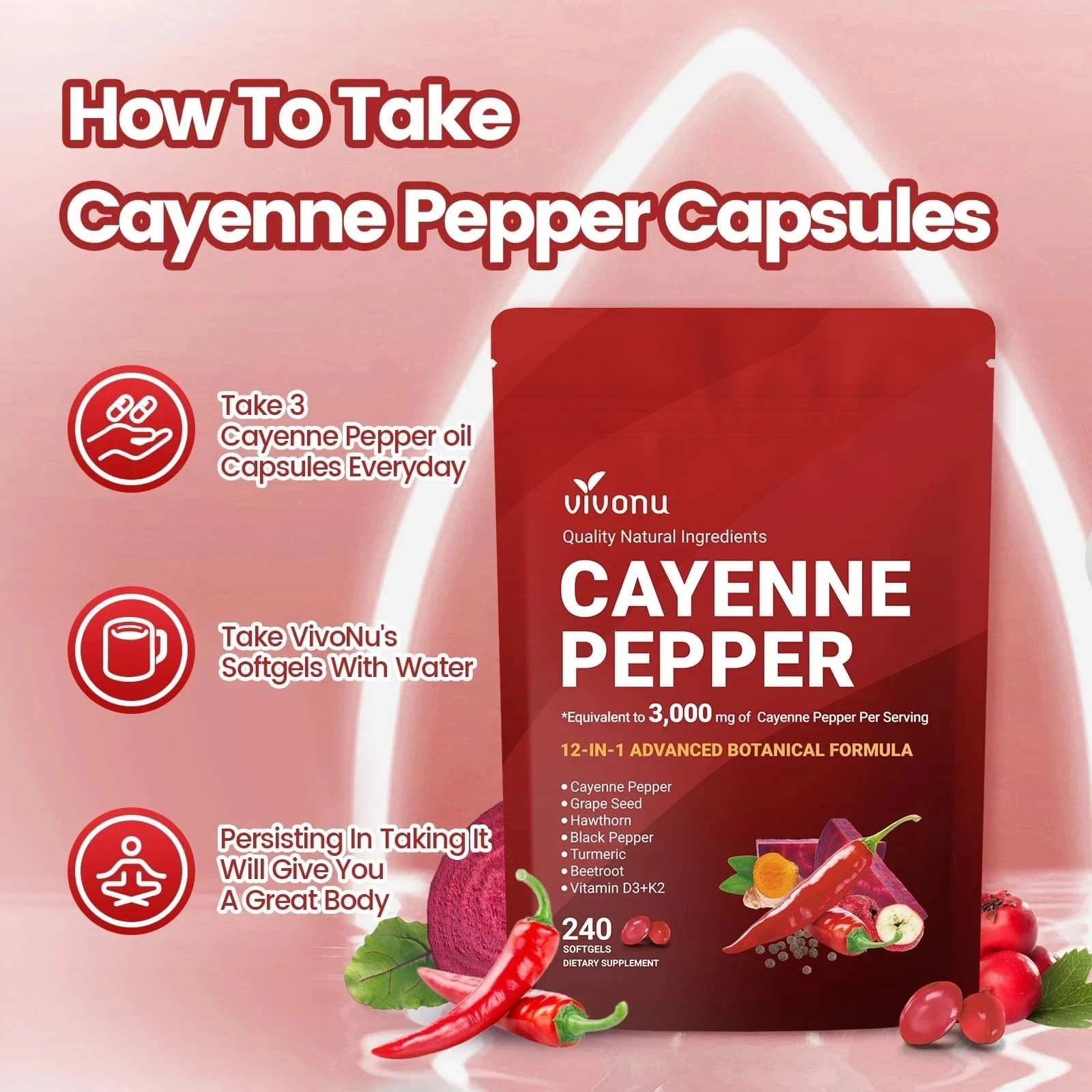 3 Pack Cayenne Pepper Softgels Supplement Chilli Body Supplement Boosts Energy