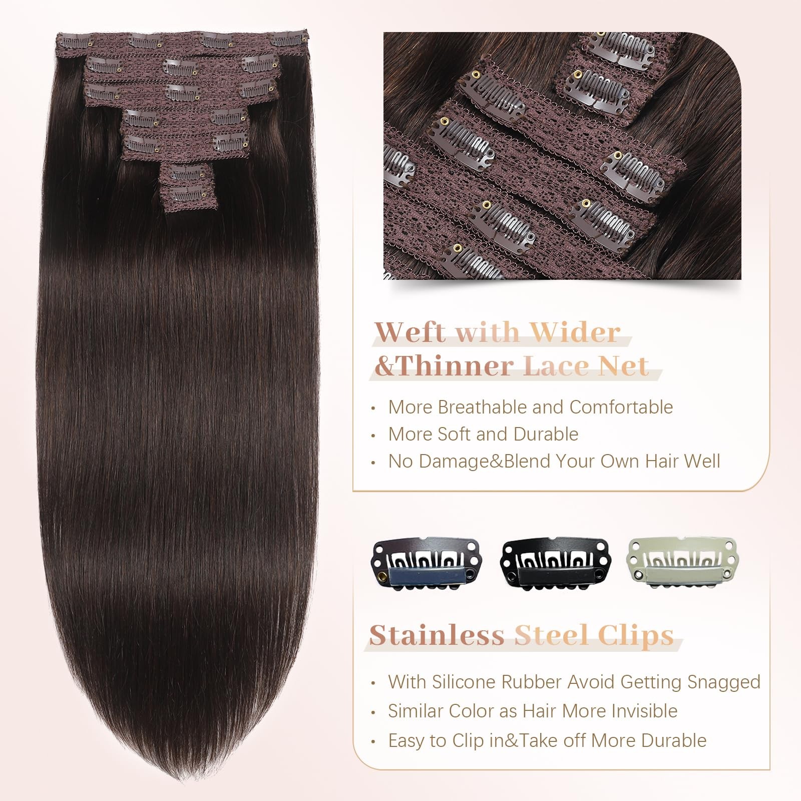 Sisily Clip In Hair Extensions Real Human Hair 16 Inch 120G Dark Brown 100