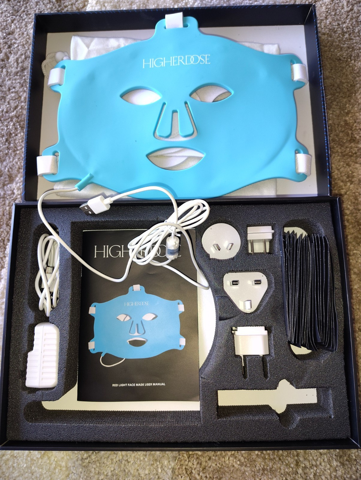 HIGHERDOSE Blue Light Therapy Face Mask for Face w/ Power Adapter