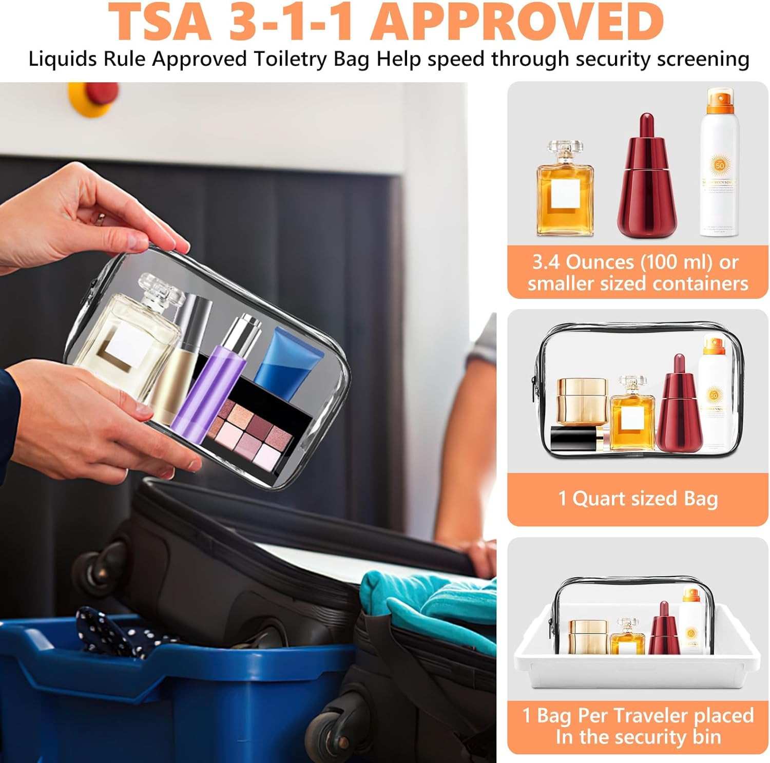 AURUZA Clear Makeup Bag,Portable Travel Toiletry Bags with Zipper, TSA Approved