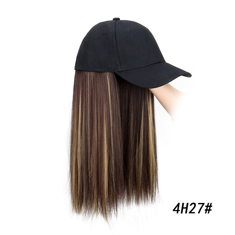 Baseball Cap Wig Long Straight Synthetic Hair Attached Hat for Women Heat Resist