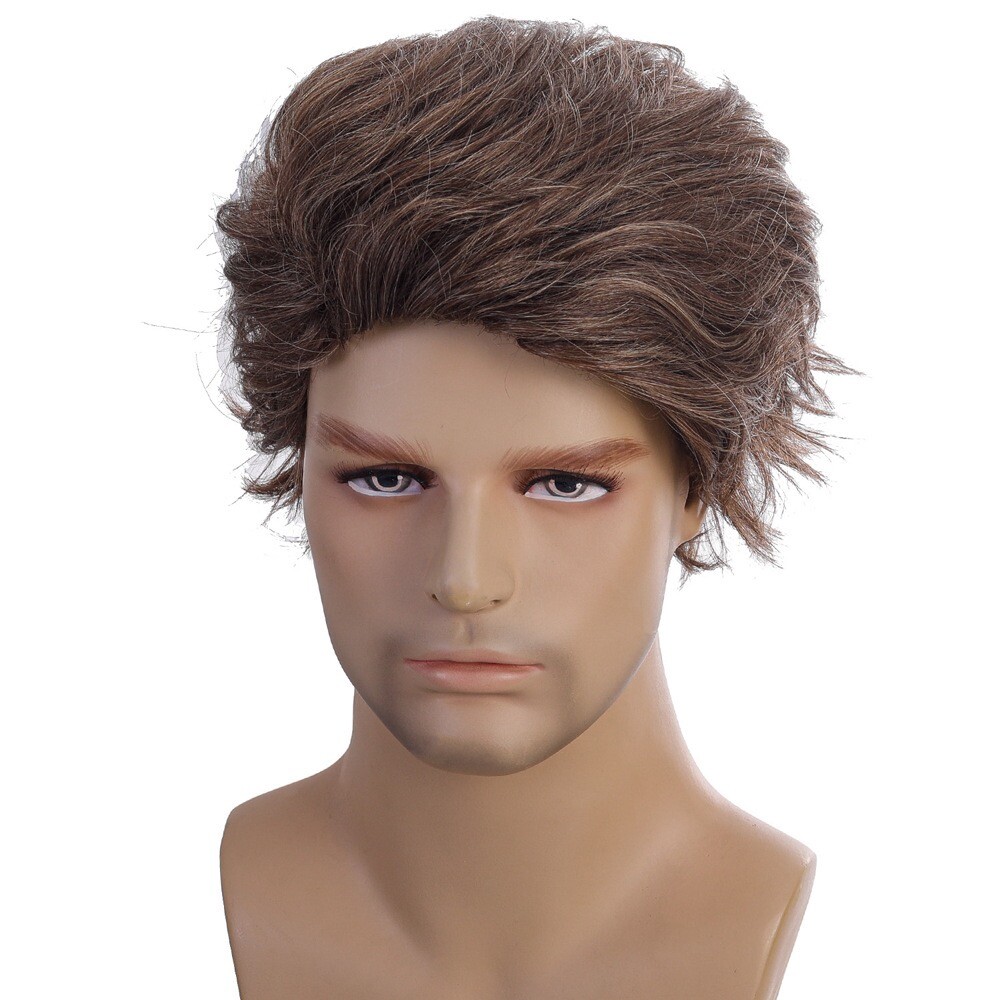 Men’s 10in Medium Brown Wavy Wig Full Cosplay Party Synthetic Heat Resistant