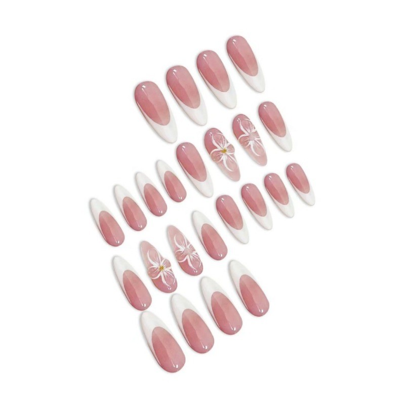 24Pcs-Bridal Almond Nails Pink White French Hand Drawn Floral Press on Nails
