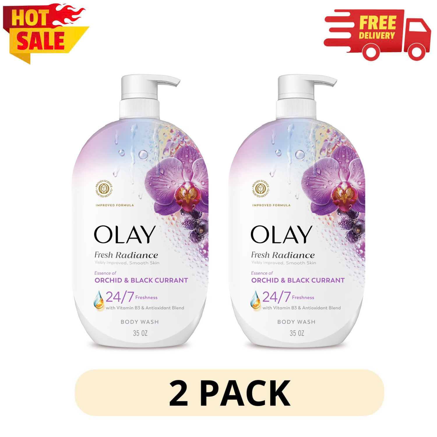 2 Pack Olay Fresh Radiance Body Wash, Orchid & Black Currant, Vitamin B3, 35oz