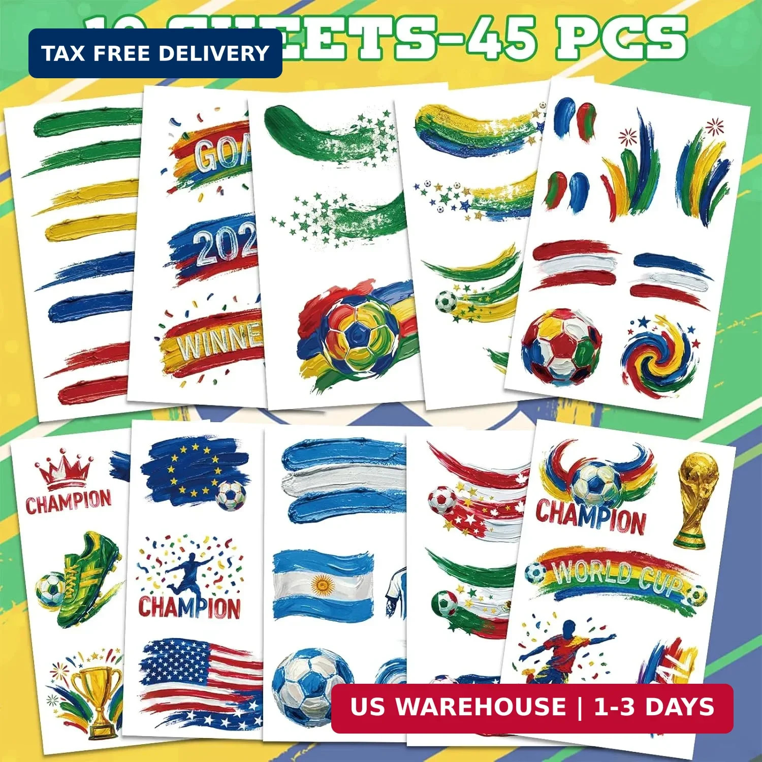 45 Pcs Soccer Tattoos for Kids, Oil Painting Style, World Cup 2026 Merchandise,