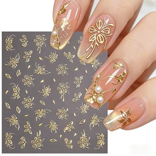 6Pcs Gold Flower Nail Stickers 3D Nail Art Stickers Spring Nail Decals Style7