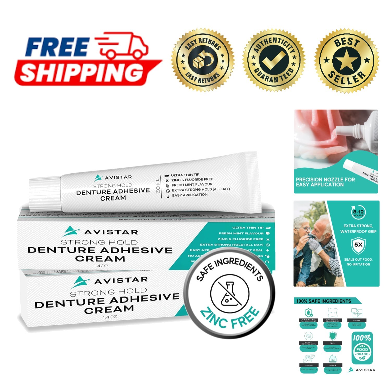 Long-Lasting Denture Adhesive Cream – Comforting Hold for 8-12 Hours, 2.8 Fl Oz