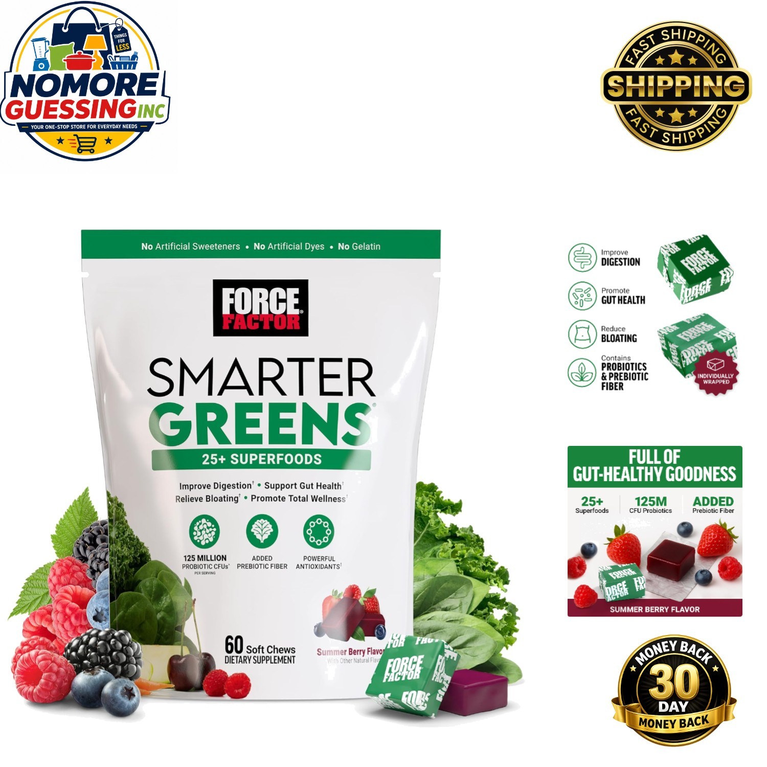 Smarter Greens Superfood Chews – Summer Berry Flavor, 60 Probiotic Soft Chews