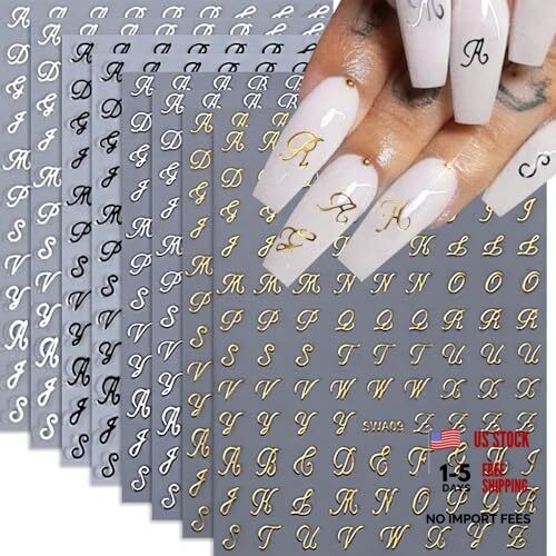 Nail Stickers, 8 Sheets Old English Nail Decals 3D Self-Adhesive Gold Letter
