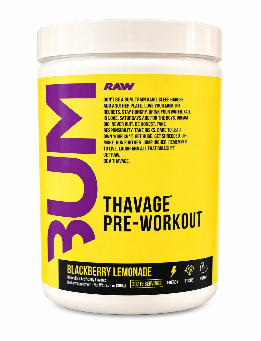 Raw & Bum Thavage Pre- Workout – Blackberry Lemonade (30/15 Servings)