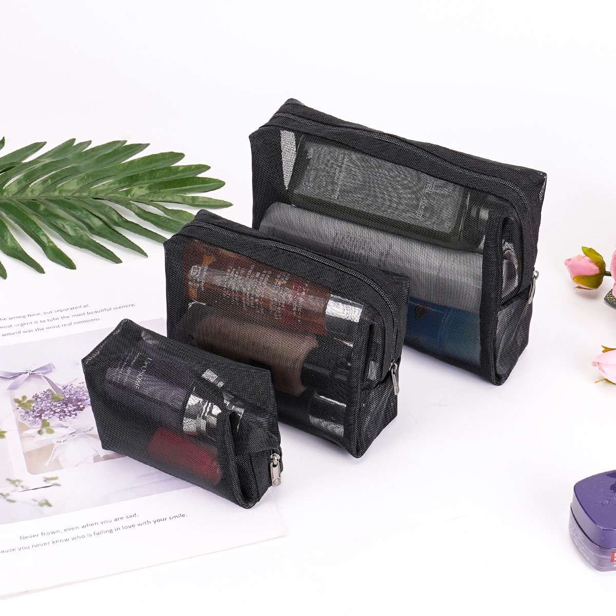 3×Cosmetic Bag Zipper Mesh Travel Black Toiletry Makeup Organizer Bag Case Pouch