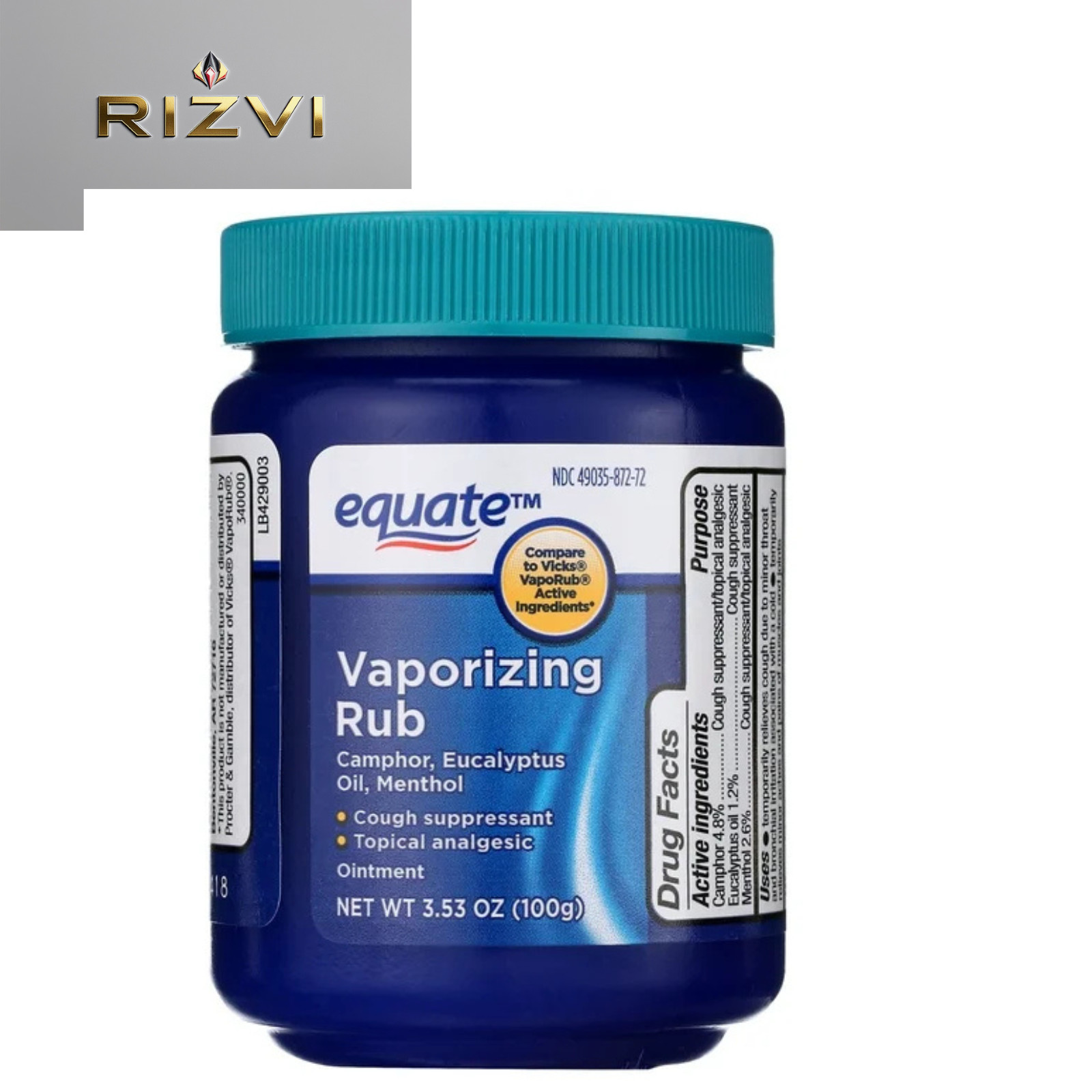 Equate Vaporizing Rub Ointment 3.53 oz, Compare to Vicks VapoRub Active Ingredie