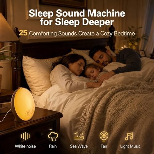 Full-Screen Wake Up Light Sunrise Alarm Clocks for Bedrooms, White Walnut Wood