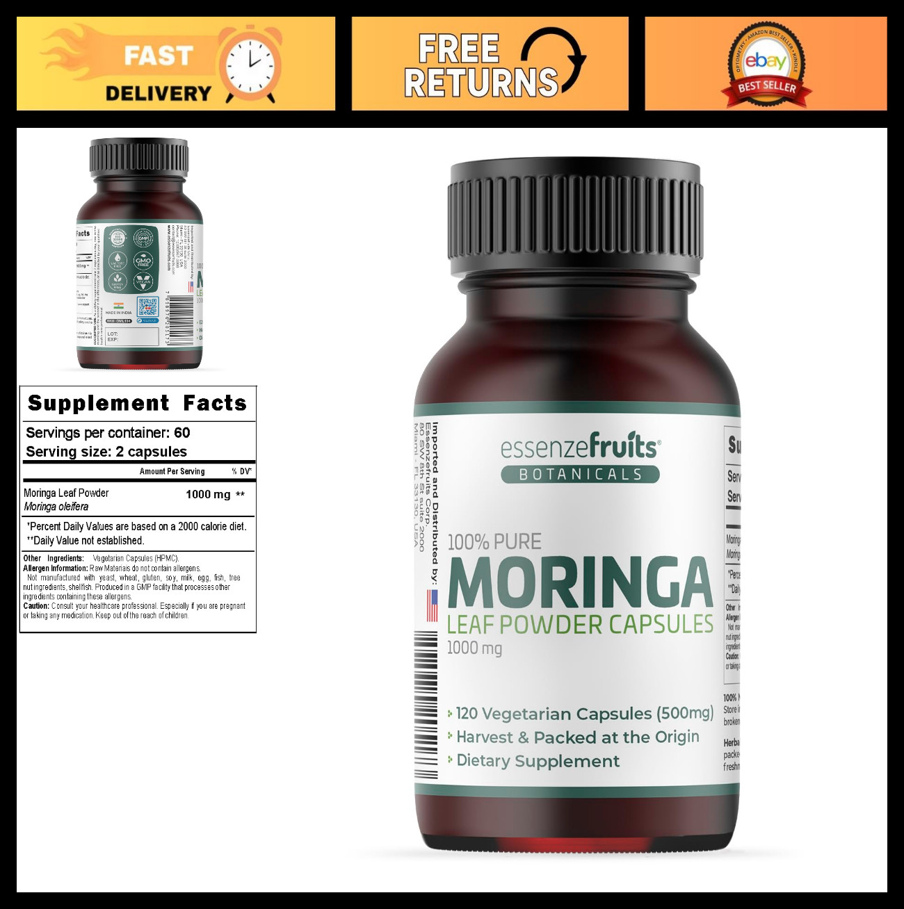 Moringa Capsules 1000mg – 120 Vegan Veggie Caps, Non-GMO, Gluten-Free, 60-Day Su