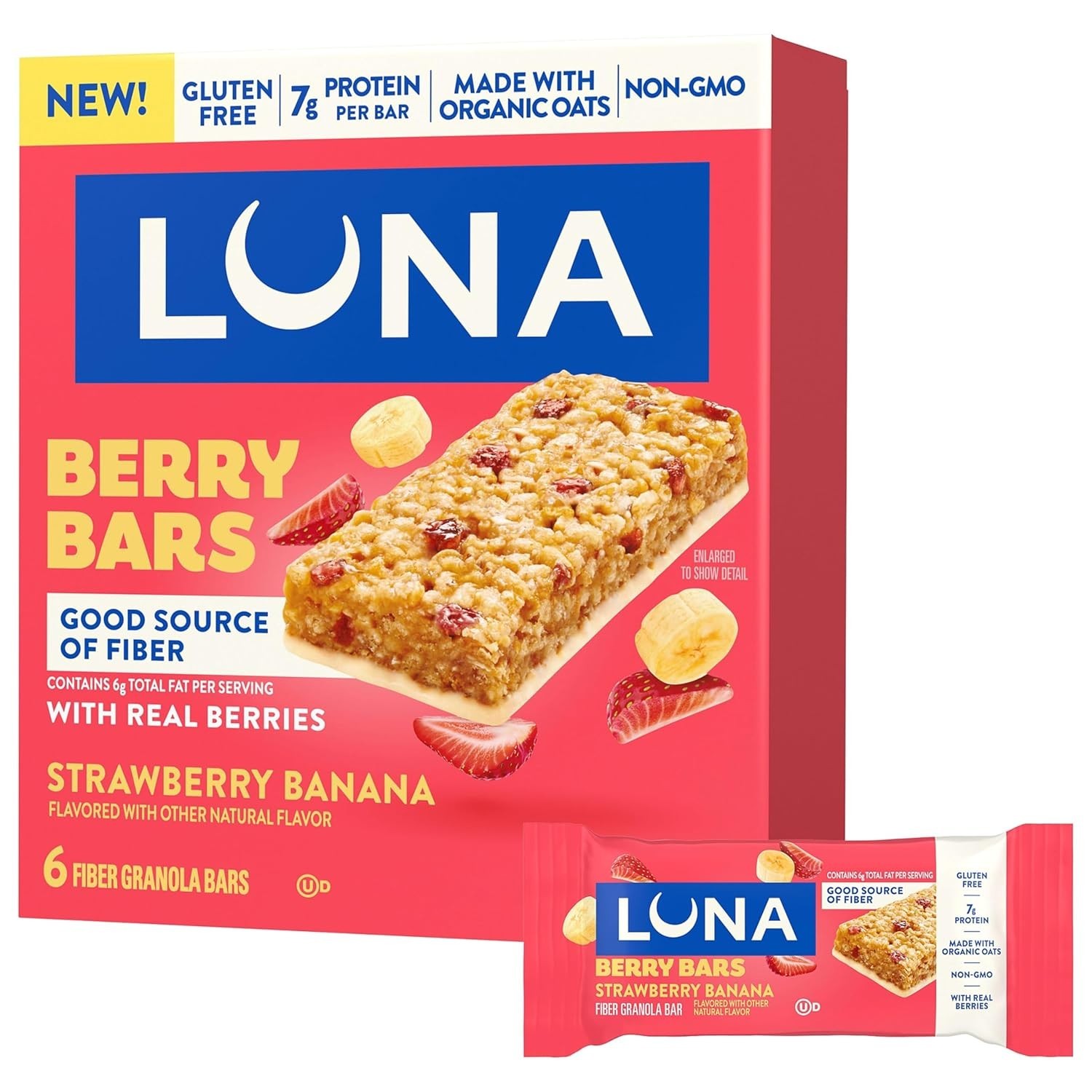 LUNA Berry Bars – Strawberry Banana Flavor – Fiber Granola Bars – Non-GMlutO…