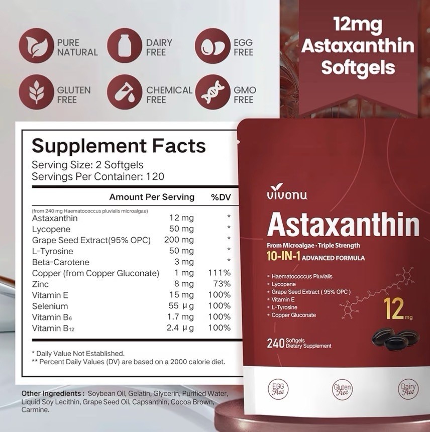 Astaxanthin 12mg 240 Softgels, 4 Month Supply,Triple Strength,Non-GMO,Eye Health