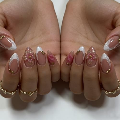 24 Pcs Flower Press on Nails Short Almond Reusable Fake Floral French Style