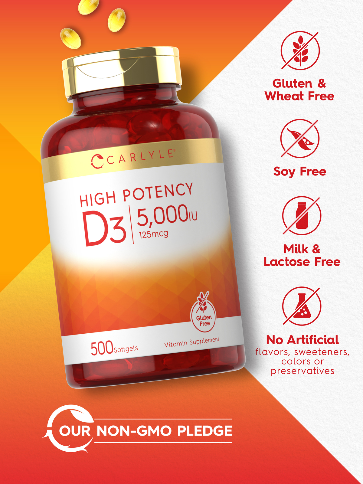 Vitamin D3 5000IU | 500 Softgels | Value Size, Non-GMO, Gluten Free | by Carlyle