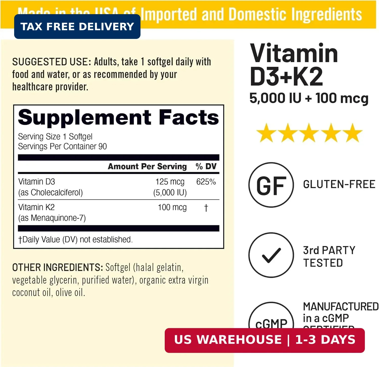 Vitamin D3 5000IU + K2 (MK7) 100mcg with Organic Extra Virgin Coconut
