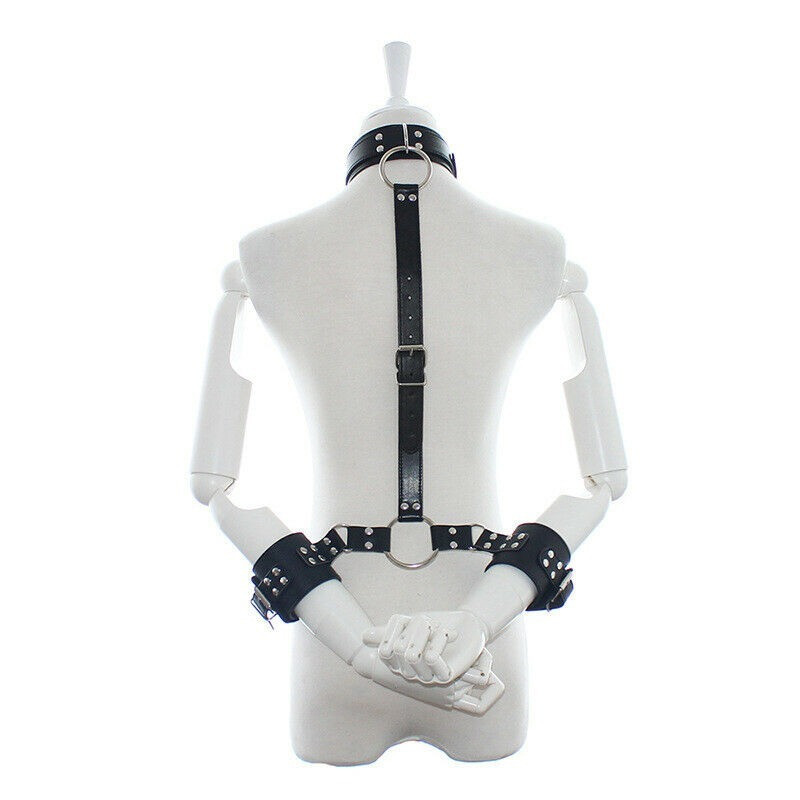 PU Leather Arm Behind Back Restraint Bondage Neck Collar Handcuffs Wrist Slave