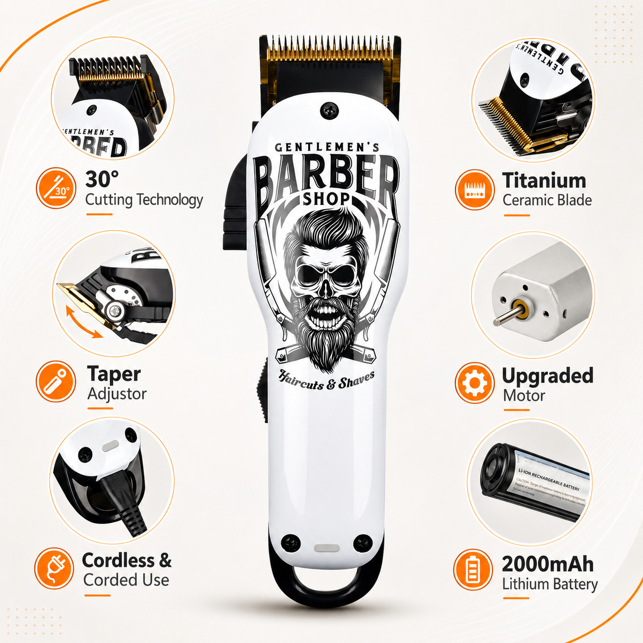 Vetmor® Professional Cordless Hair Clippers Kit Ceramic T-Blade 6 Combs White