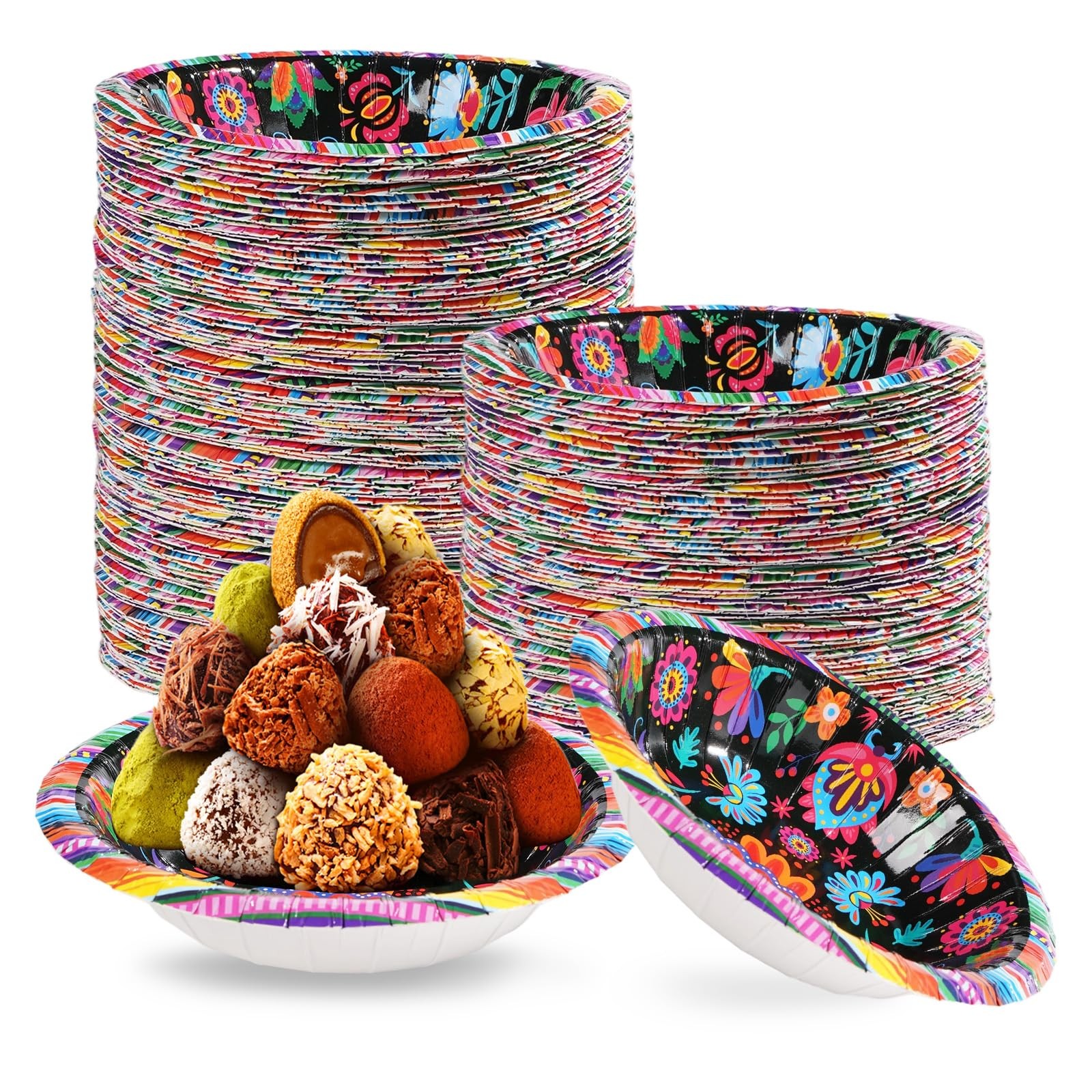 Grencian 100Pcs Mexican Fiesta Paper Bowls 12Oz Round Mexico Mandala Floral