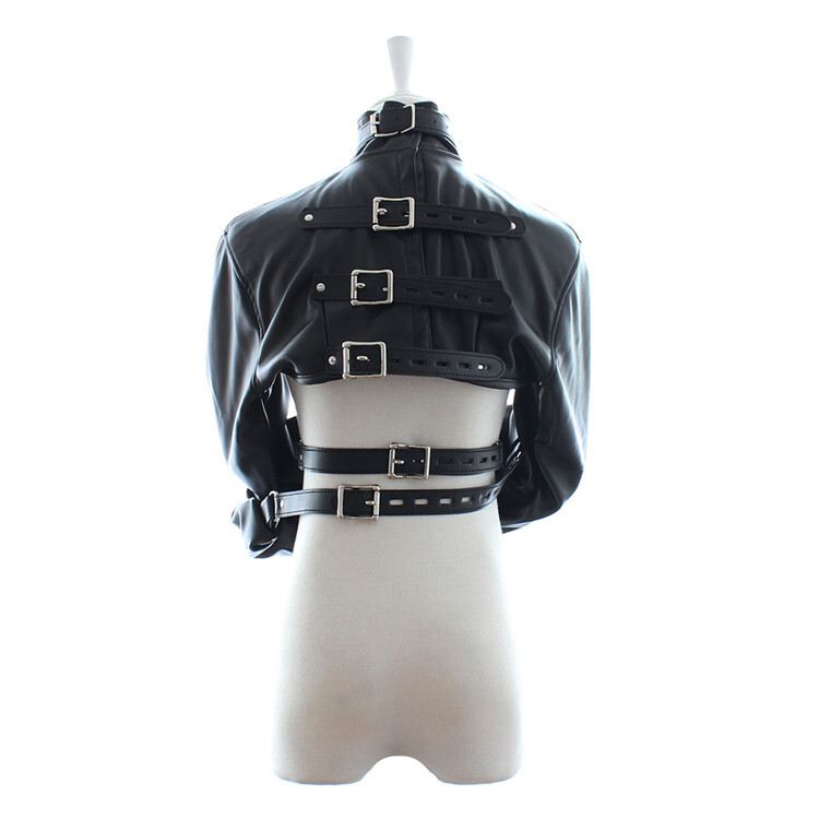 PU Leather Straightjacket Costume Open Chest Arm Harness Restraint Bondage BDSM