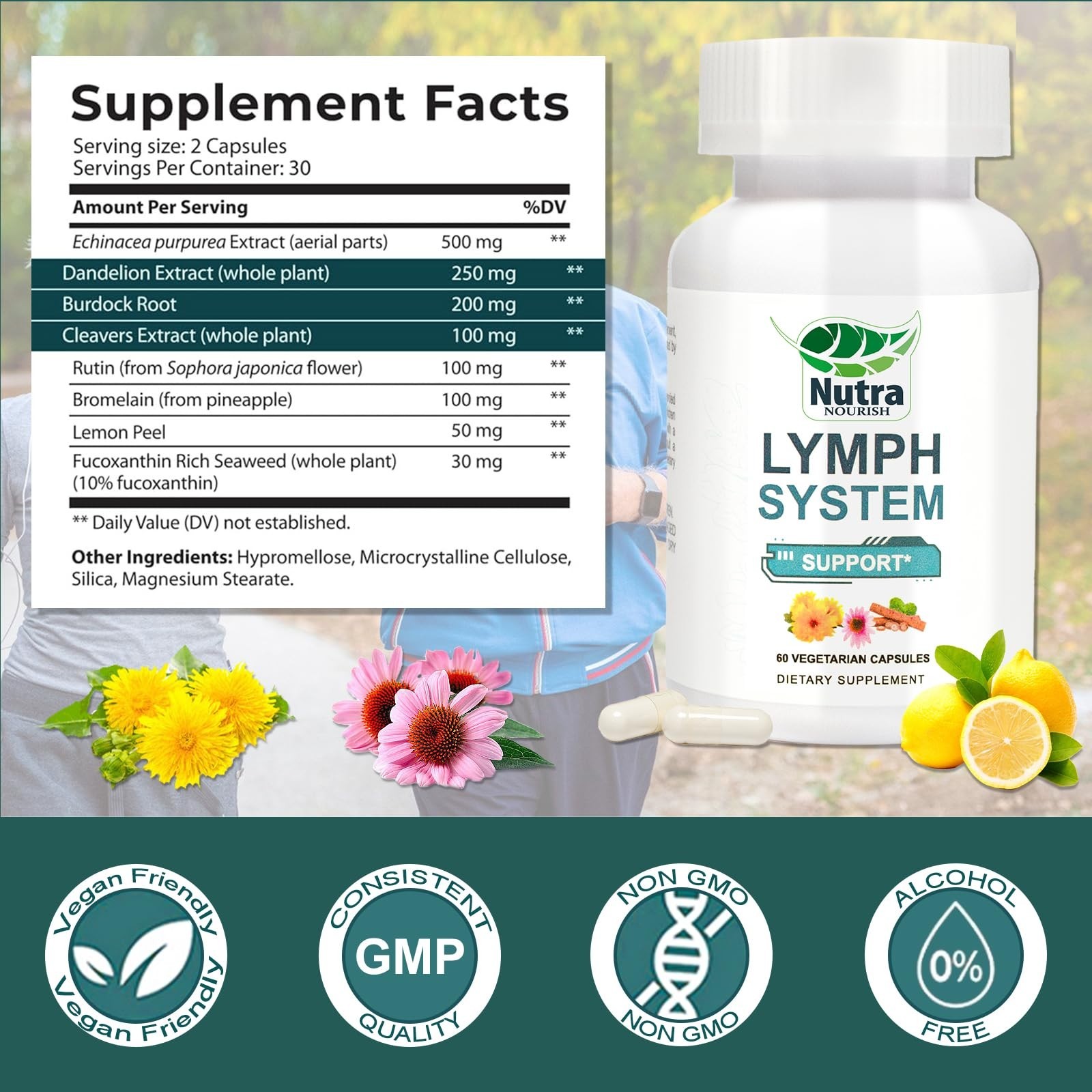 Lymphatic Drainage Supplements with Dandelion, Echinacea & Bromelain – 120 Count