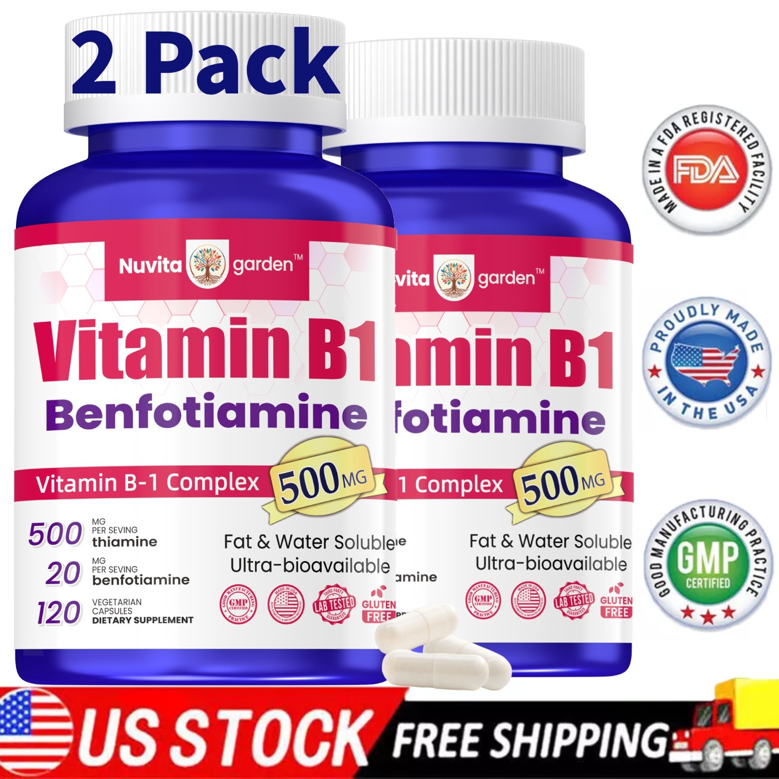 2 Pack Vitamin B1 (Thiamine) 500mg, 240 Capsules – Gluten Free and Non-GMO