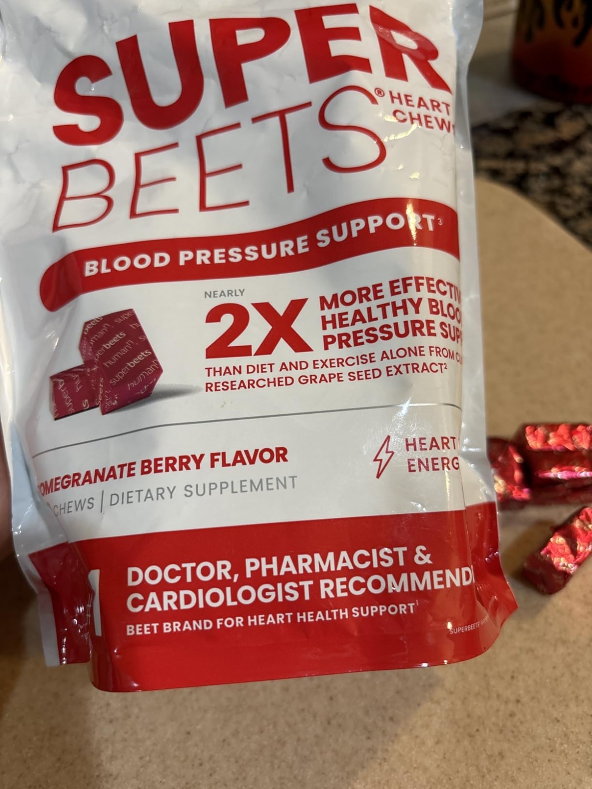 SUPER BEETS Heart Chews, Pomegranate, 60 Count, New & Sealed-FREE SHIP