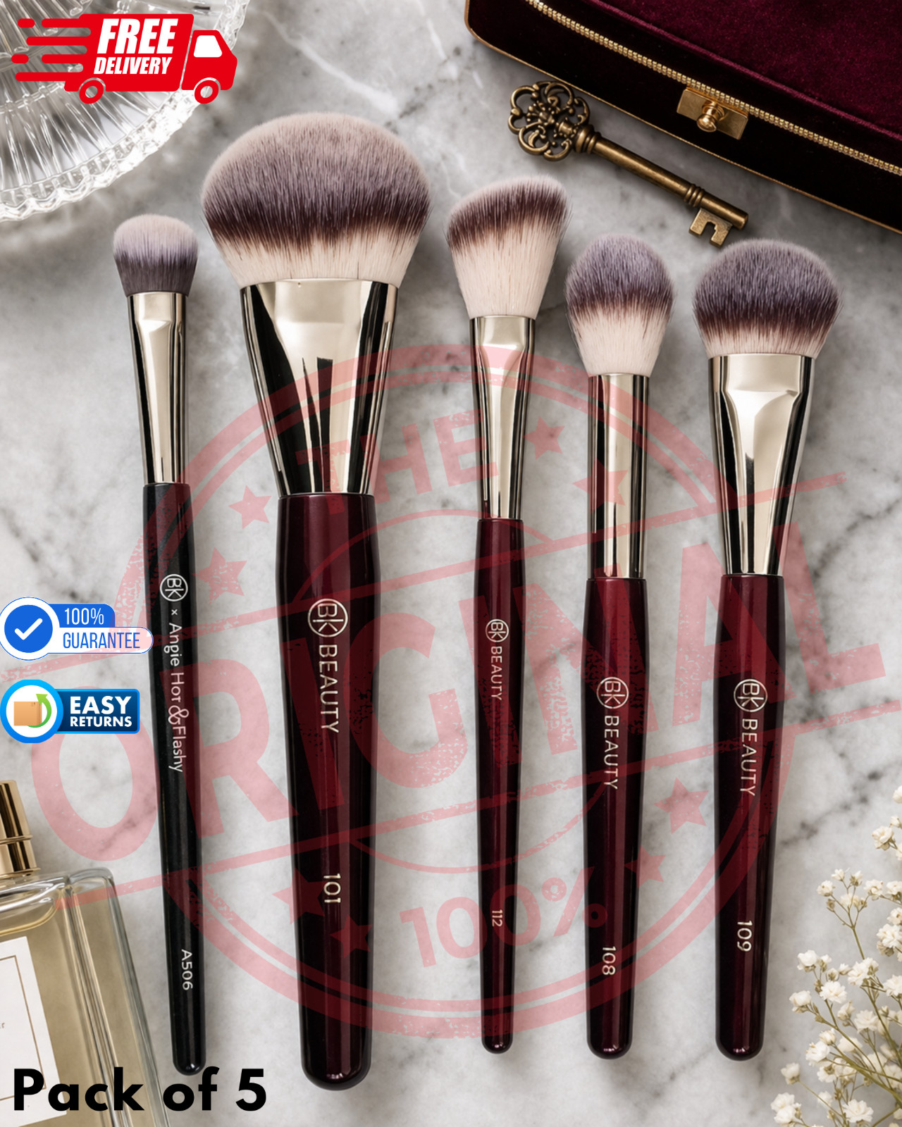 BK Beauty 5pc Brush Set 101 A506 Kitten Paw 108 109 112 Foundation Concealer Kit
