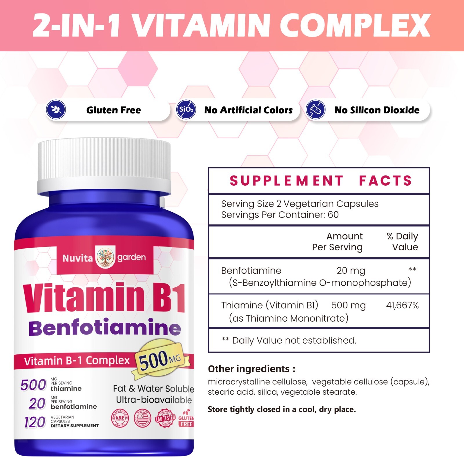 Vitamin B1 (Thiamin) – 120 Capsules – Super Potency, 500mg Formula – Non-GMO