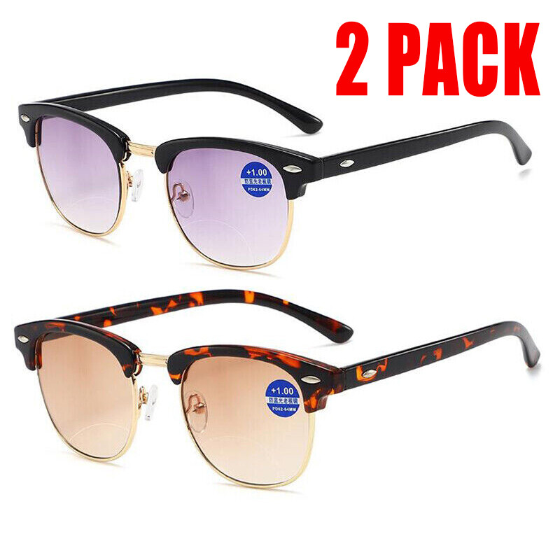 2Pack Men Reading Glasses Sunglasses Square Bifocal Lens Anti-Blue Light Eyewear
