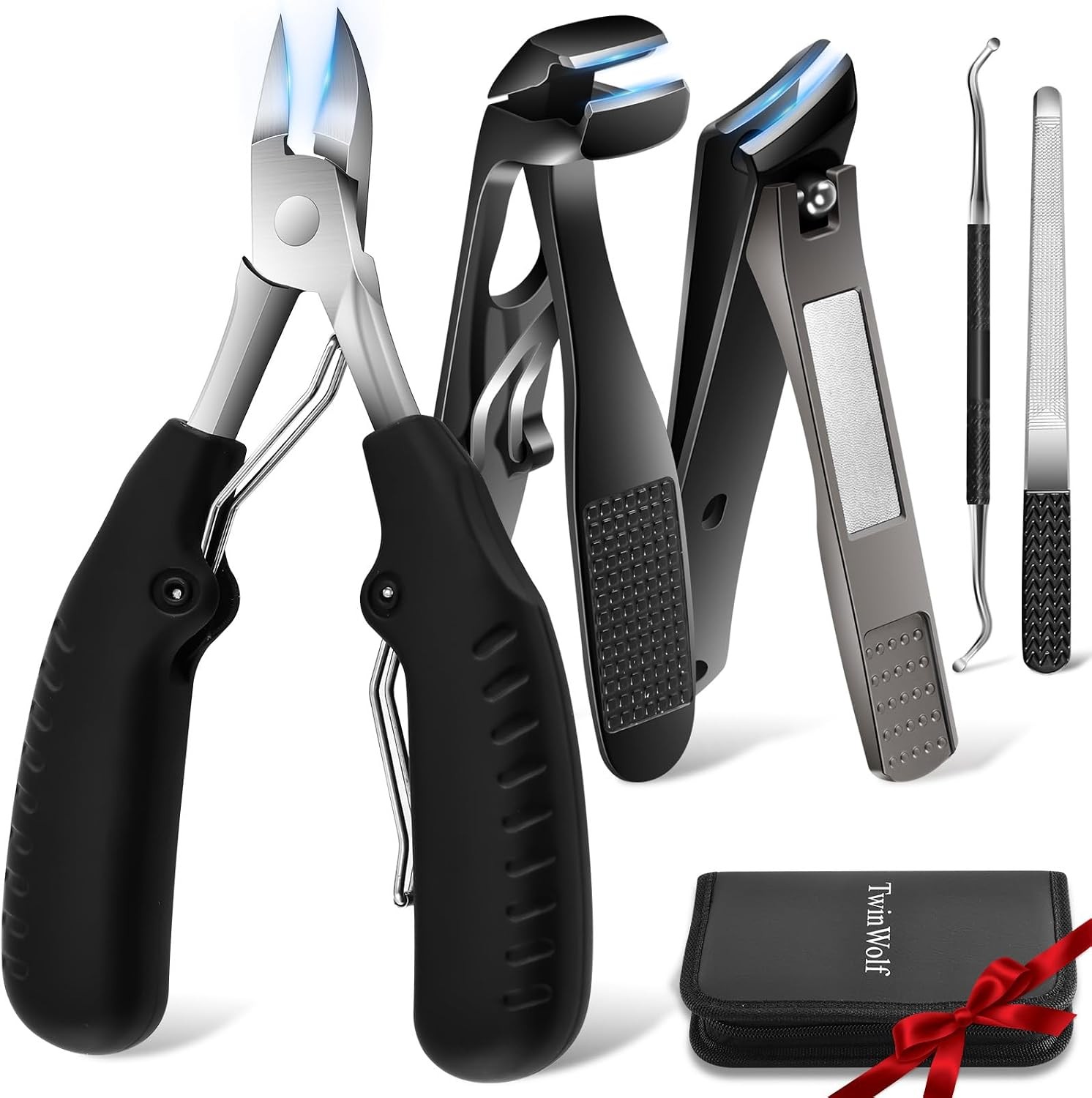 TwinWolf Wide Jaw Toenail Clippers for Thick/Ingrown Nails, 5-Pc Set