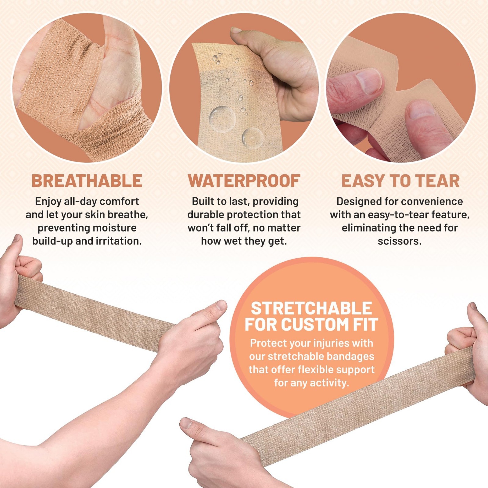Self-Adhesive Cohesive Wrap Bandages 2″ x 5 Yards – 6 Pack, Skin Tone, Medical S