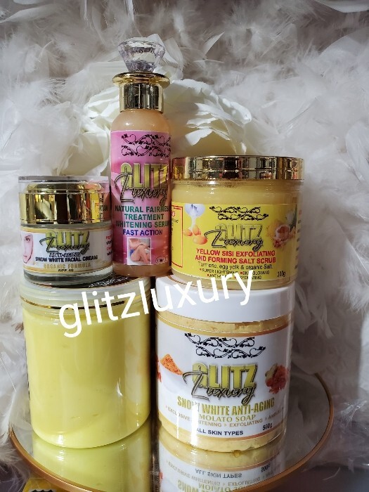 5pc. Oshaprapra glitzluxury body cream, molato soap, face cream, serum & Scrub👌