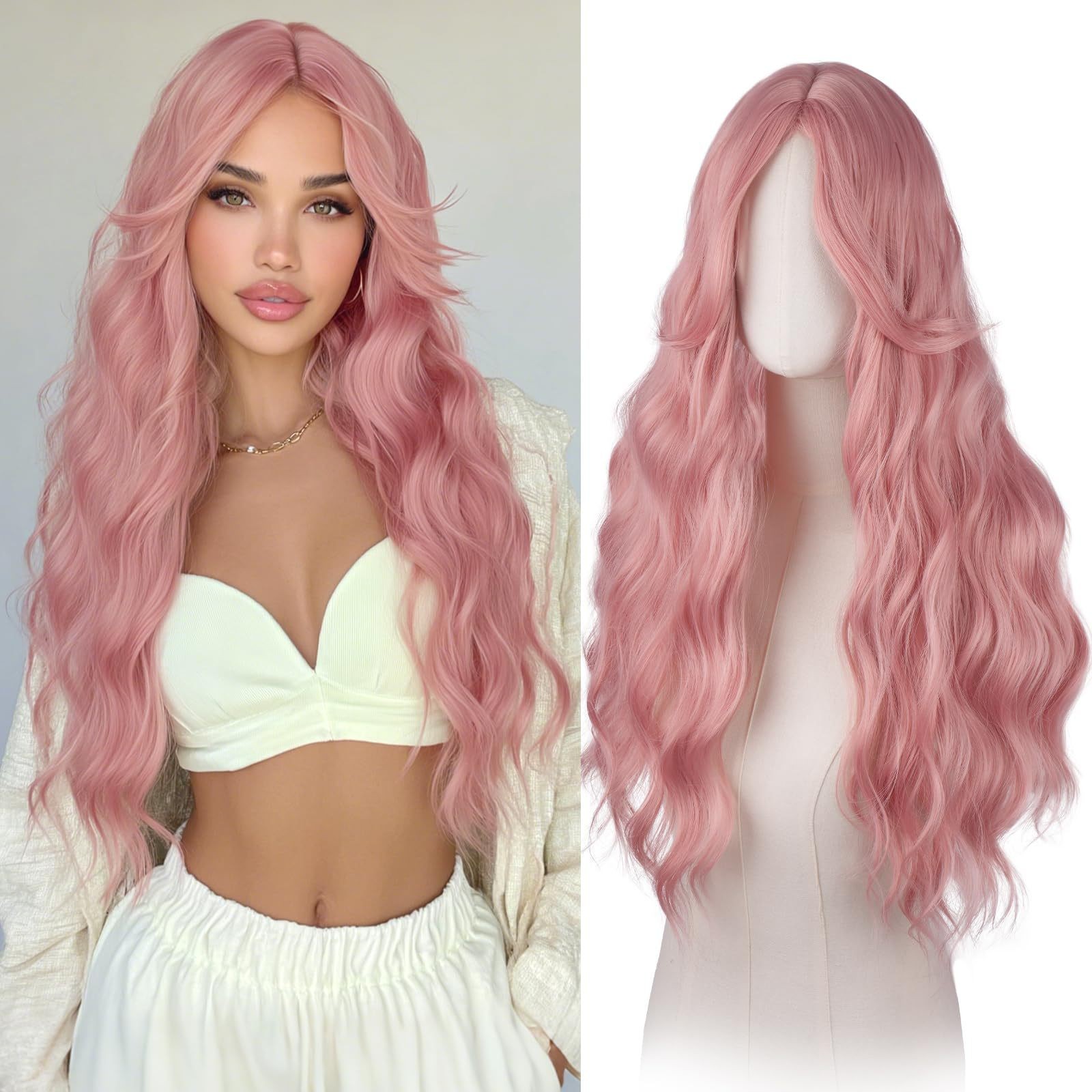 New Arrival Pink Middle Part Fluffy Long Curly Wig for Women Heat Resistant