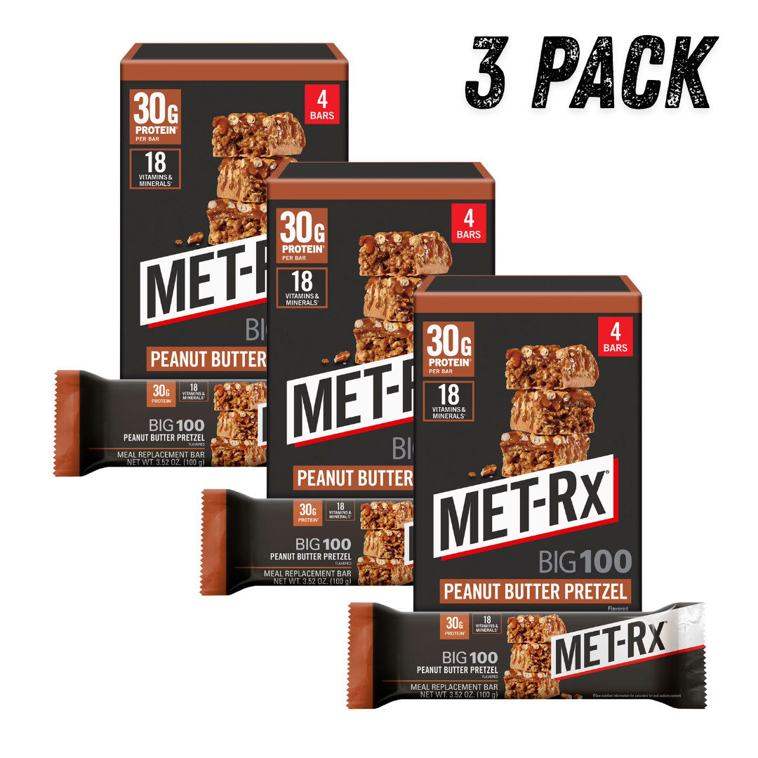 3 Pack MET-Rx Big 100 Protein Bars Peanut Butter Pretzel 30g Protein 12 Ct