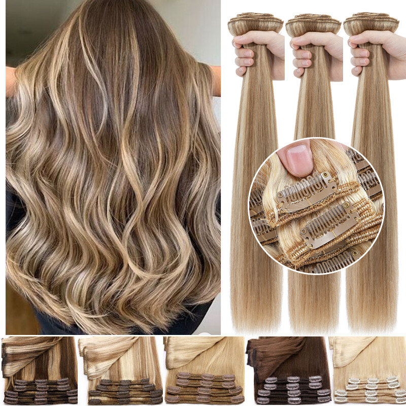 200G Extra Thick Double Weft Clip In Remy Human Hair Extensions Full Head Blonde