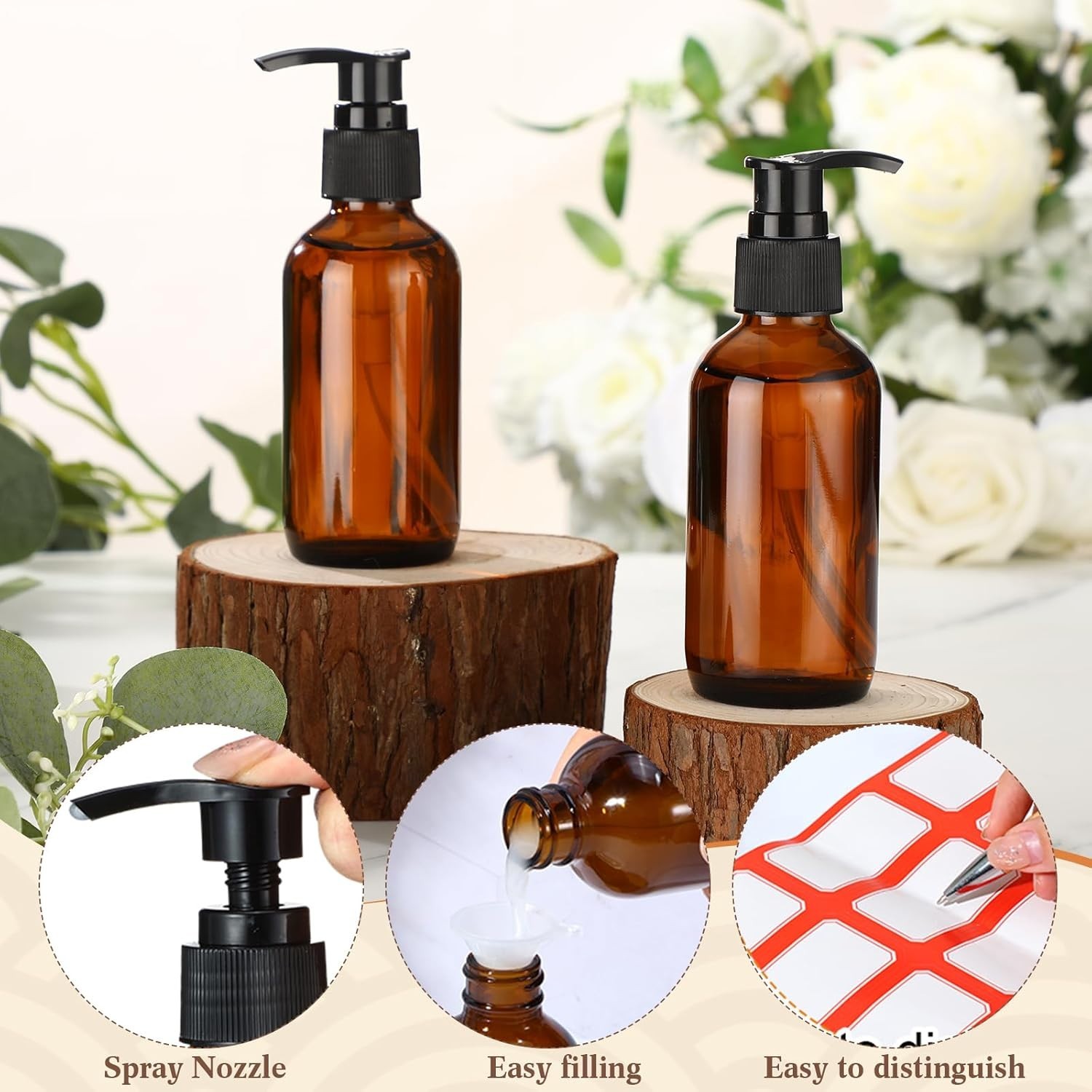 2 Pack 4oz Amber Glass Bottles Refillable with Pump, Funnel & Label for Oils