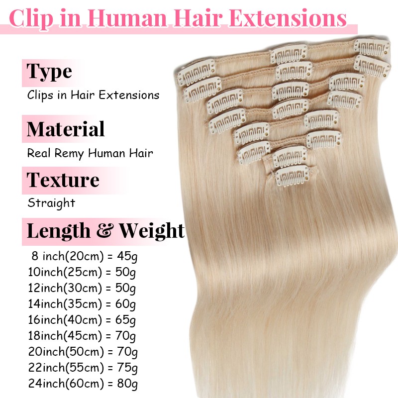 Clip In Remy/Russian Full Head Human Hair Extensions 8Pieces 18Clips Highlight
