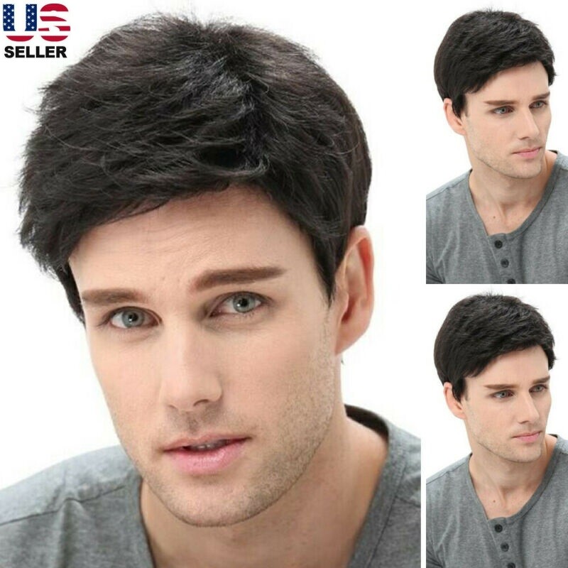Handsome Adult Men Short Wavy Wig Natural Black Cosplay Party Layered Full Hair