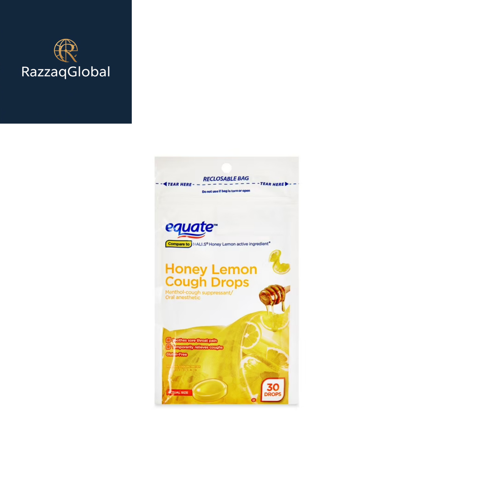 Equate Menthol Cough Drops, Honey Lemon Flavor, Sore Throat Relief, 30 Ct
