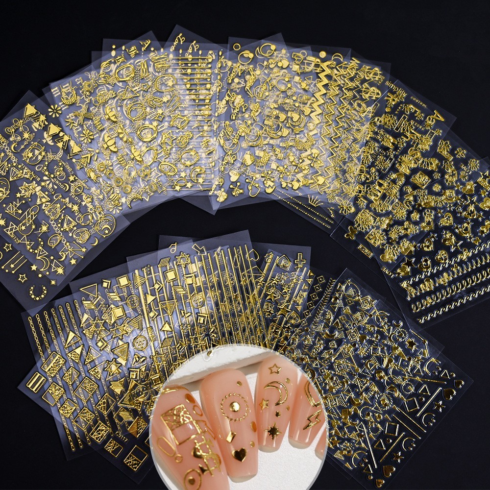 10 Sheets Nail Art Stickers Gold Lace Moon Star French Line Geometric Slider C91