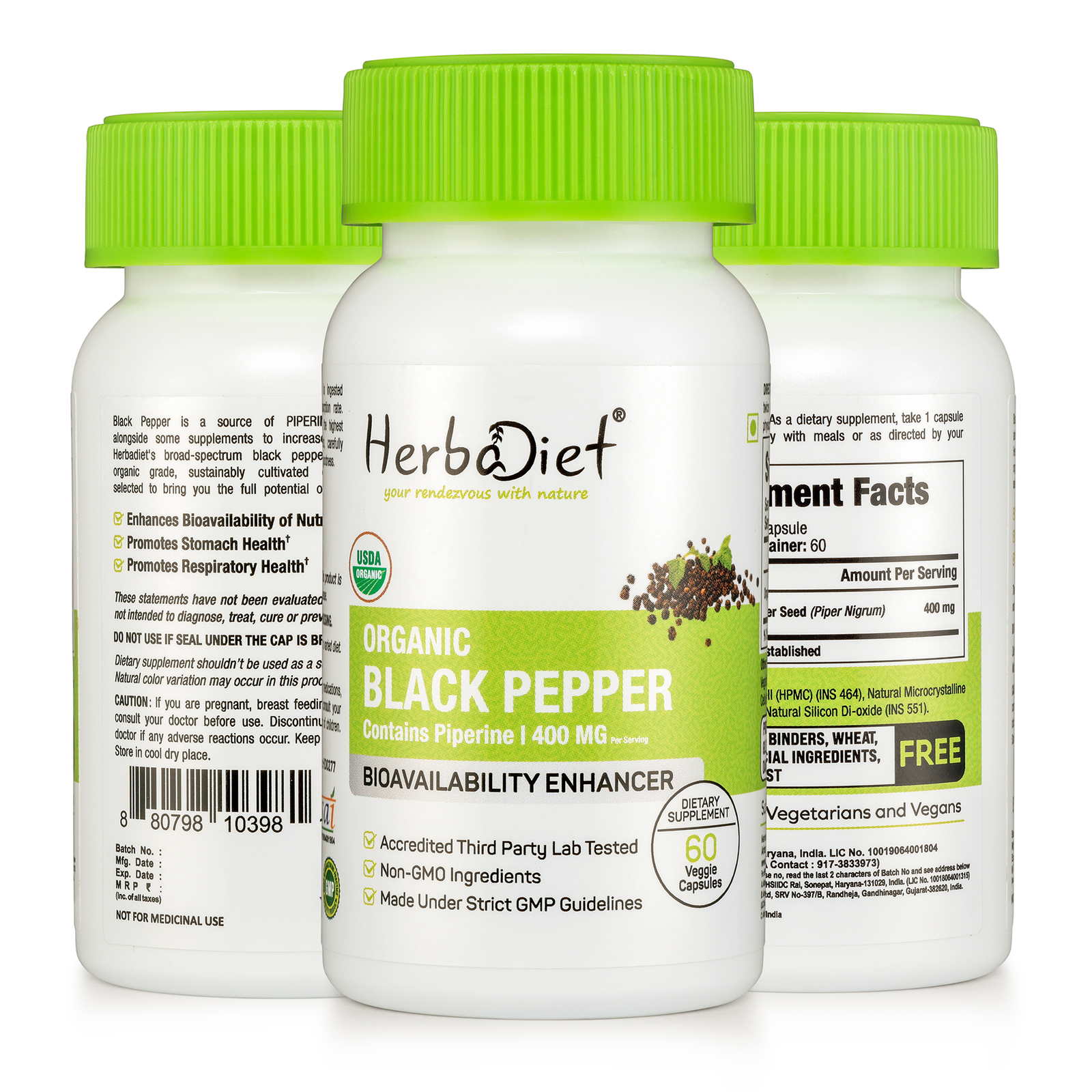 Organic Black Pepper Capsules w/- Piperine | Turmeric Bioavailability Enhancer