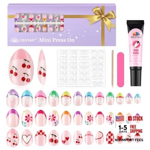 Press On Nails for Girls, 3 Style Press On Nails for Kids Almond Fake Nail